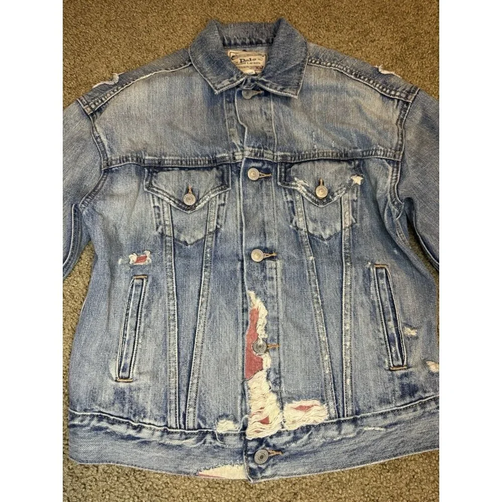 POLO RALPH LAUREN Denim Jacket Stars Patches Distressed Destroyed Equestrian XS - Picture 10 of 15